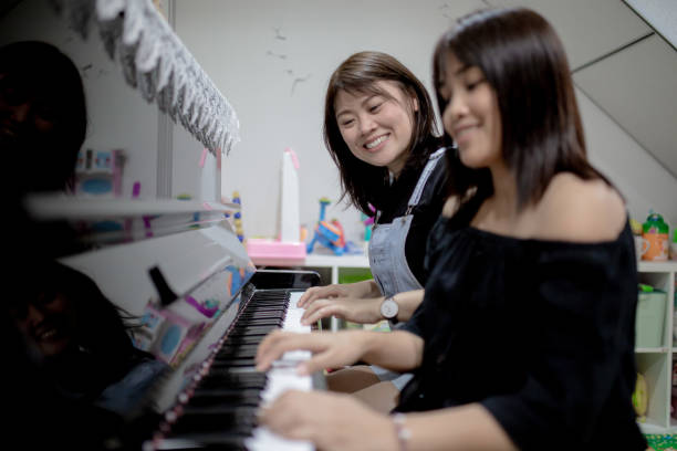 Two Asia Chinese female friends playing the piano at home. stock photo