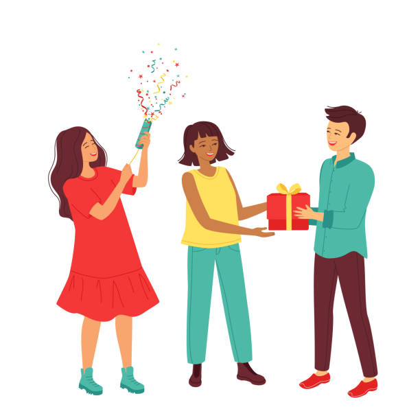 ilustrações de stock, clip art, desenhos animados e ícones de young laughing women congratulate the man and give a gift. concept celebrating birthday, win, victory, holiday, new year, christmas in multinational multicultural groups. vector illustration - three people women teenage girls friendship
