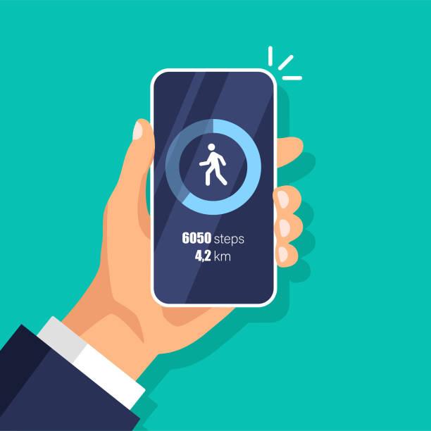 Fitness steps tracker app on mobile phone. Fitness steps tracker app on mobile phone. Pedometer concept. Day activity and tracking data on smartphone display. Vector illustration. pedometer stock illustrations