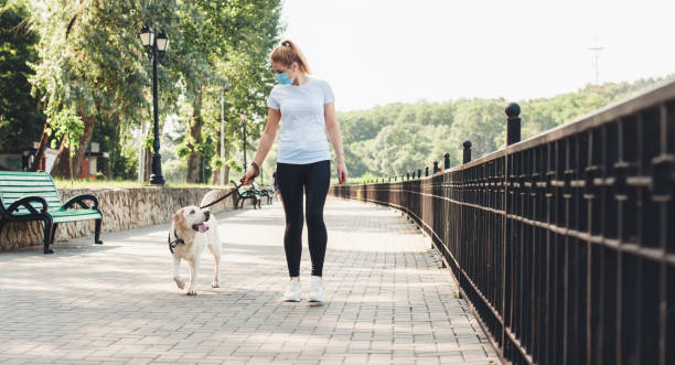 Blonde woman and her dog walking in the park while wearing a medical mask on face during the coronavirus Blonde woman and her dog walking in the park while wearing a medical mask on face during the coronavirus dog walking photos stock pictures, royalty-free photos & images