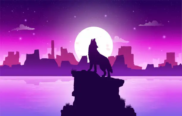 Vector illustration of Vector illustration of beautiful river and northern lights in night sky landscape background. wolf moon. Premium Vector