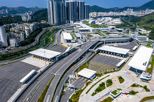 Drone view of Liantang Port / Heung Yuen Wai Boundary Control Point in Hong Kong