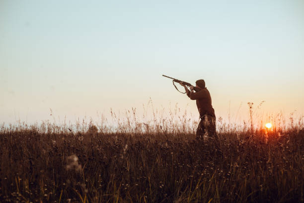 silueta oscura de hunter con cielo azul y sol rojo - foto con enfoque selectivo - cazador fotografías e imágenes de stock