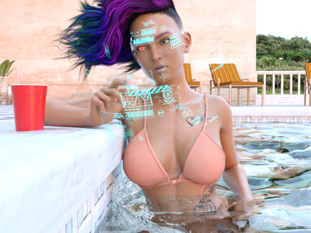 3D Photo of a Young Female Cyborg at the Pool stock photo