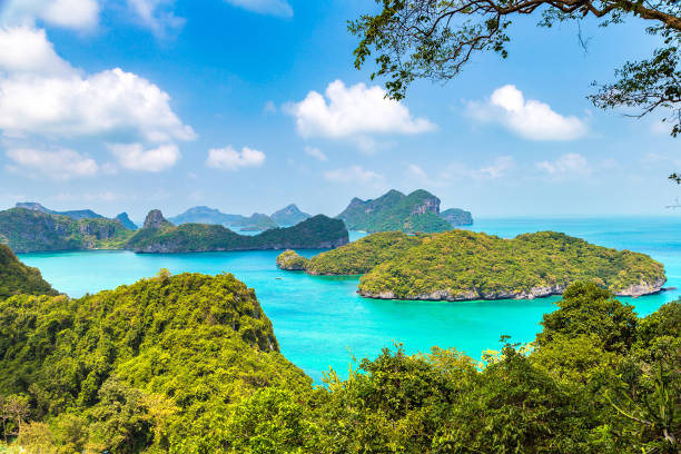 Mu Ko Ang Thong National Park, Thailand Panoramic aerial view of Mu Ko Ang Thong National Park, Thailand in a summer day koh chang stock pictures, royalty-free photos & images