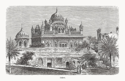 Historical view of the Samadhi of Ranjit Singh, an 18th-century building in Lahore (Pakistan), that houses the funerary urns of the Sikh ruler Ranjit Singh (1780 - 1839). Wood engraving, published in 1893.