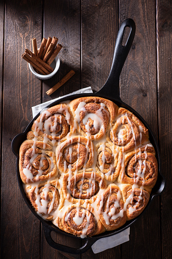 Fresh Cinnamon Rolls in a Cast Iron Skillet