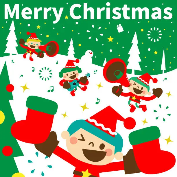 Vector illustration of Merry Christmas and New Year greeting from cute boys and girls wearing Santa Claus clothes