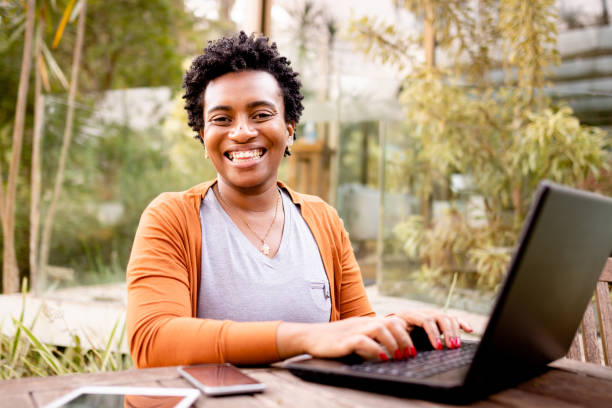 istock Woman working online and using laptop outdoors 1279354290