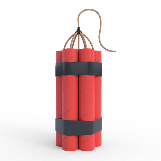 istock Bundle of red dynamite sticks, TNT with wick isolated on white background 1279355195