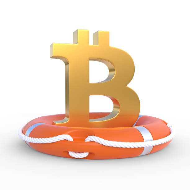 istock Golden bitcoin sign inside lifebuoy isolated on white background 1279355202