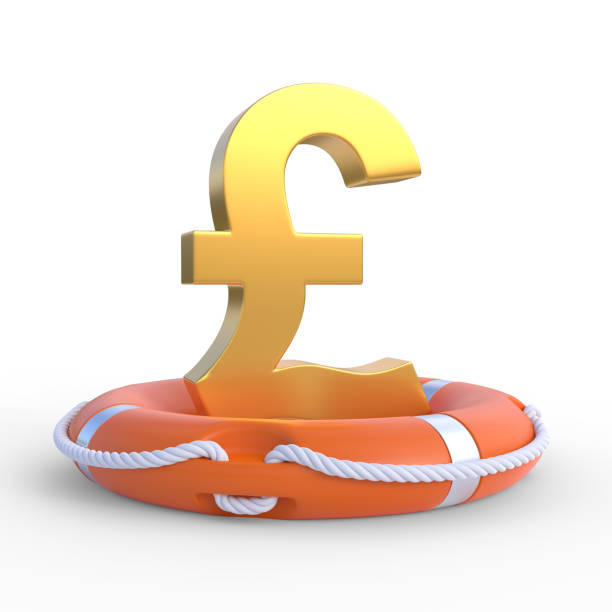 istock Golden pound sign inside lifebuoy isolated on white background 1279355206