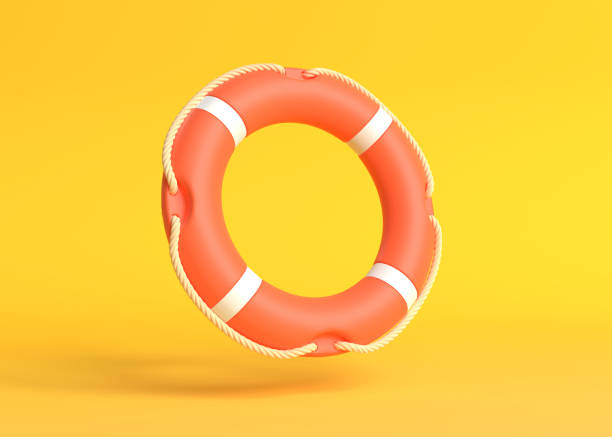 lifebuoy su sfondo giallo - nautical vessel inflatable isolated empty foto e immagini stock