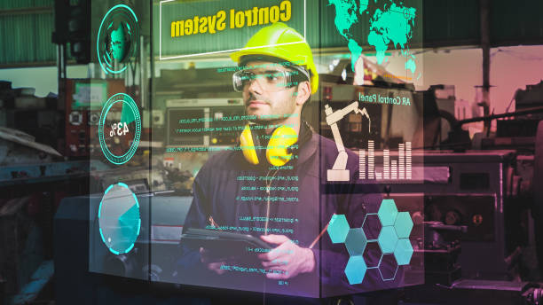 istock Factory worker use future holographic screen device to control manufacturing 1279356168