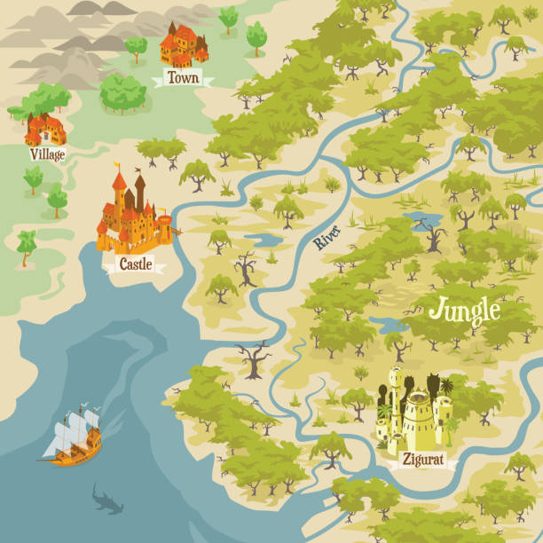 ilustrações de stock, clip art, desenhos animados e ícones de map builder illusrations for fantasy and medieval cartography and adventure games, landmark scene mapped - isometric sea coastline beach