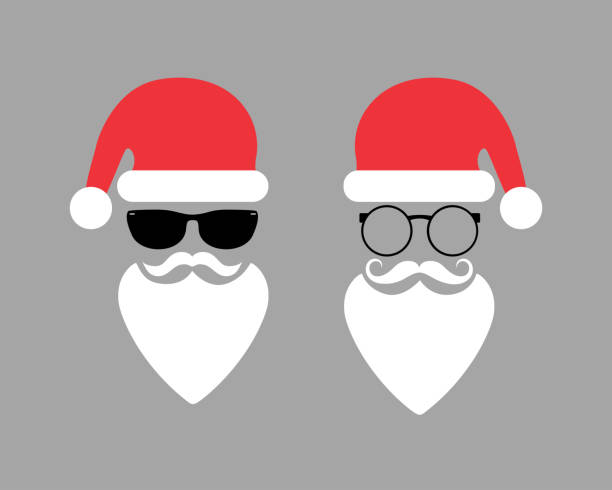 dwa hipsterskie mikołaja z brodą, okularami przeciwsłonecznymi, kapeluszem, wąsami i okularami. świąteczna ilustracja wektorowa w płaskim stylu. - santa claus christmas glasses mustache stock illustrations