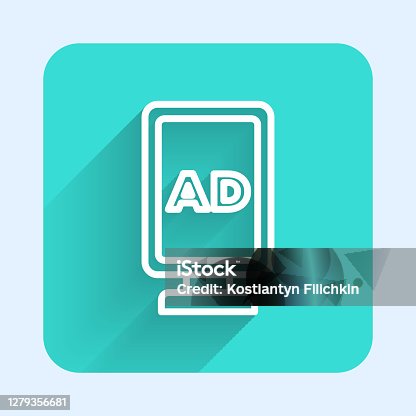 istock White line Advertising icon isolated with long shadow. Concept of marketing and promotion process. Responsive ads. Social media advertising. Green square button. Vector 1279356681