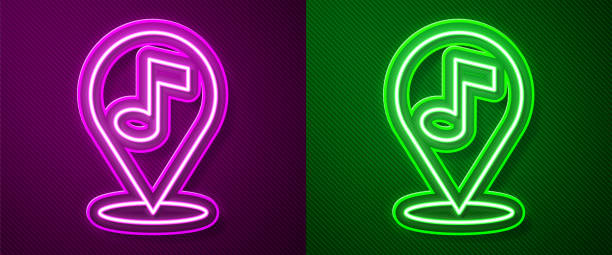 istock Glowing neon line Location musical note icon isolated on purple and green background. Music and sound concept. Vector 1279358084