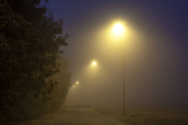 istock Road with lights in the fog 1279365259