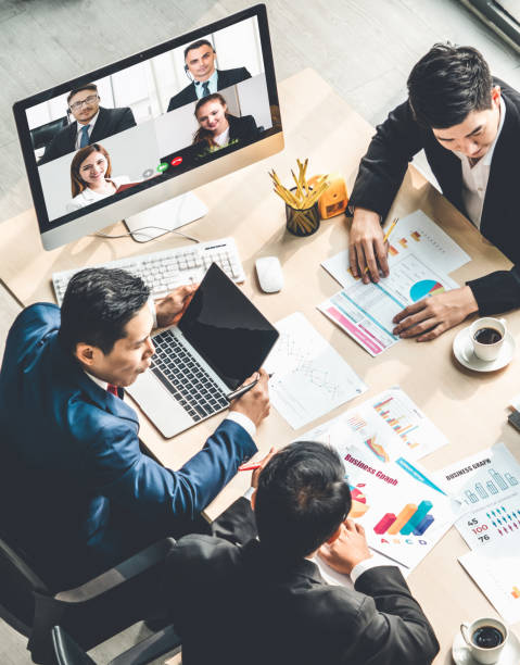 istock Video call group business people meeting on virtual workplace or remote office 1279368550