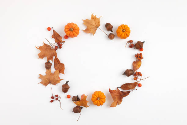istock Autumn composition. Round frame from dried leaves and pumpkins on white background. Top view. Flat lay. 1279368668