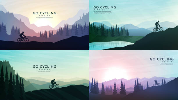 illustrazioni stock, clip art, cartoni animati e icone di tendenza di concetto di viaggio di scoprire, esplorare e osservare la natura. rampichino. ciclismo. turismo d'avventura. poster grafico minimalista. design piatto poligonale per copertina di libri, poster, brochure, rivista - horizon over land tree sunset hill