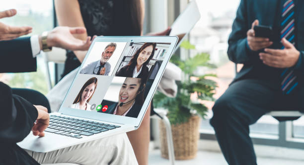 istock Video call group business people meeting on virtual workplace or remote office 1279368863
