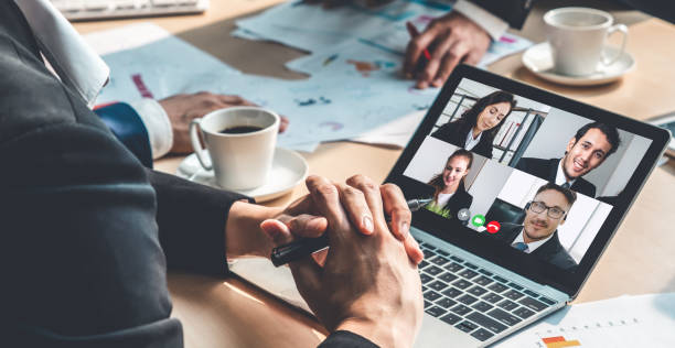 istock Video call group business people meeting on virtual workplace or remote office 1279369825