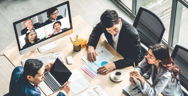 istock Video call group business people meeting on virtual workplace or remote office 1279370320
