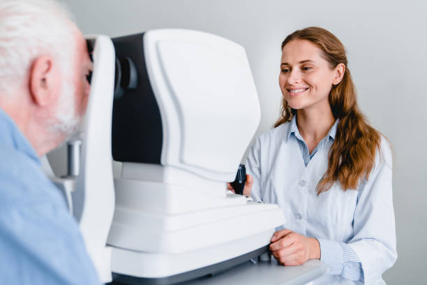 istock Female ophthalmologist with cheerful smile is checking up old gentleman`s vision using ophthalmic equipment 1279370997