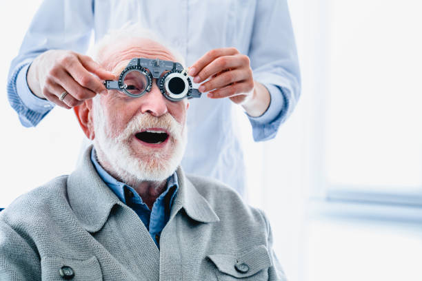 istock Enthusiastic elderly male patient wearing ophthalmic glasses for vision check 1279371090