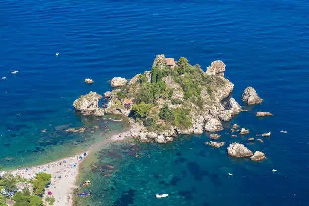 Panoramic aerial view of island Isola Bella in Taormina, Sicily, Italy in a beautiful summer day