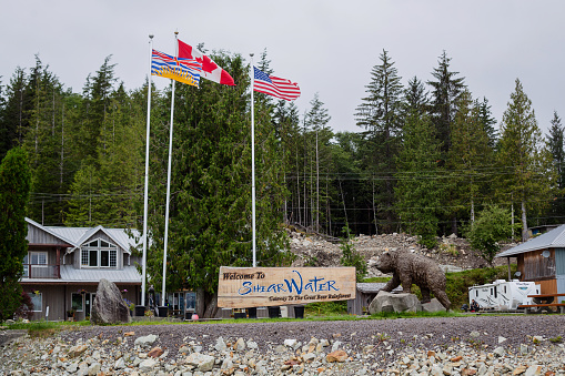 Shearwater, Canada - September 5, 2020. A sign welcomes boat traffic to Shearwater, the gateway to the Great Bear Rainforest.