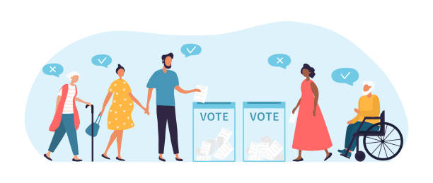 Voting concept, people of different nationalities Voting or election concept, multiracial people of different ages including disabled people came to the polling station to vote for their candidate. Flat cartoon vector illustration. voting ballot box voting ballot polling place stock illustrations
