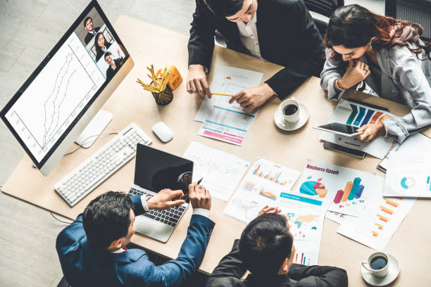 istock Video call group business people meeting on virtual workplace or remote office 1279373772