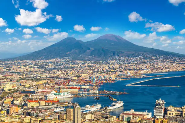 Napoli (Naples) and mount Vesuvius in the background at sunset in a summer day, Italy, Campania