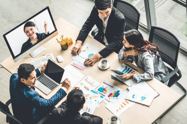 istock Video call group business people meeting on virtual workplace or remote office 1279375281