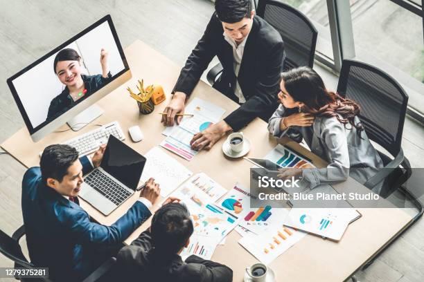 Video Call Group Business People Meeting On Virtual Workplace Or Remote Office Stock Photo - Download Image Now