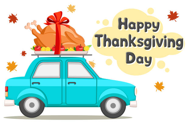 Thanksgiving Day. Car driving roast bird turkey Thanksgiving Day. Car driving roast turkey on white background thanksgiving holiday travel stock illustrations