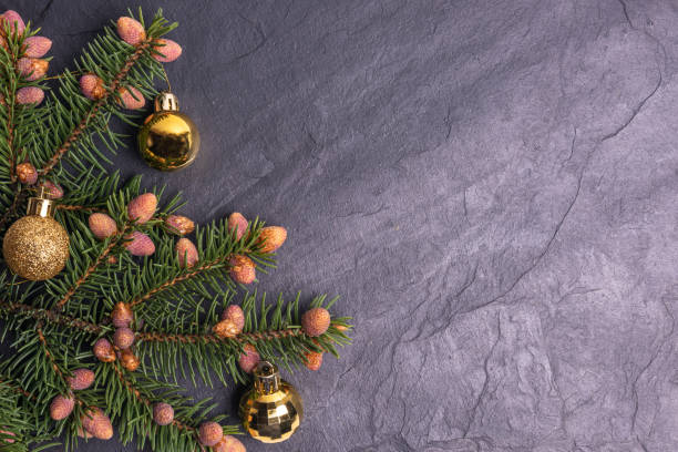 istock Christmas stone background decorated with fir branches 1279377845