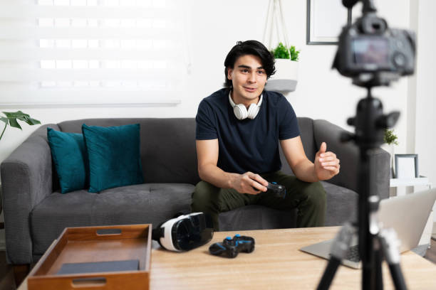 istock Geek man talking about video games 1279385606