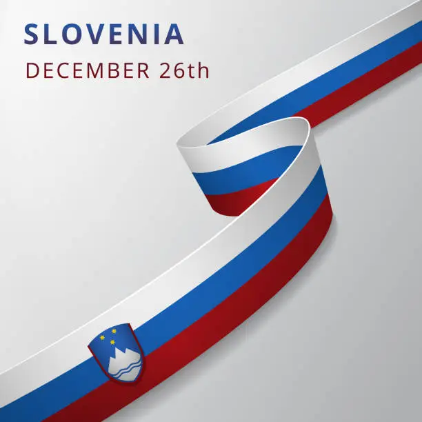 Vector illustration of Flag of Slovenia. 26th of December. Vector illustration. Wavy ribbon on gray background. Independence day. National symbol. Graphic design template.