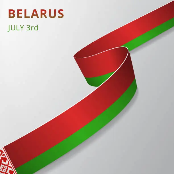 Vector illustration of Flag of Belarus. 3rd of July. Vector illustration. Wavy ribbon on gray background. Independence day. National symbol. Byelorussian ornament.