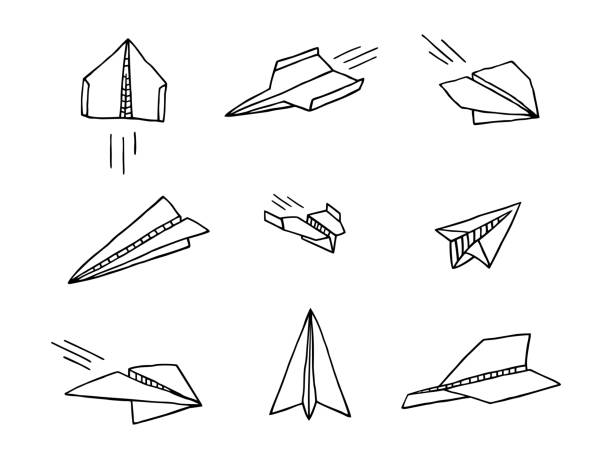 ilustrações de stock, clip art, desenhos animados e ícones de paper airplane doodle set 2 - forward fold