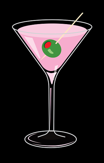 Vector illustration of a pink martini drink on a black background.