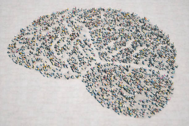 Crowdsourcing, Brainstorming And Creativity 3d low poly people gathered together and formed a brain shape. crowdsourcing stock pictures, royalty-free photos & images