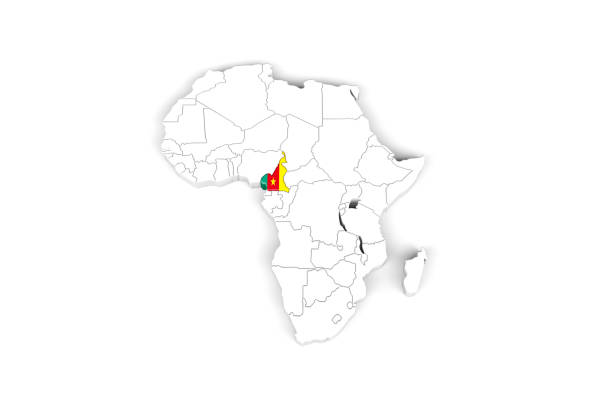 Africa 3d map with borders marked - Cameroon area marked with Cameroon flag