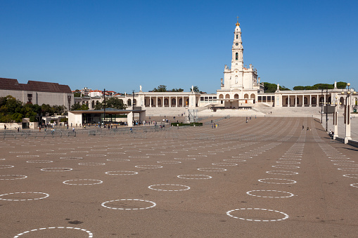 Circular marks on the ground to ensure the social distancing between the pilgrims to preventing coronavirus covid-19.