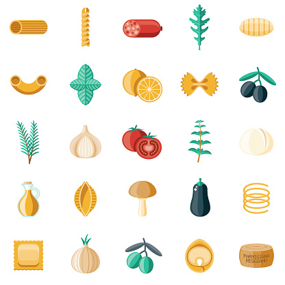 A set of ingredients icons for Italian cooking. File is built in the CMYK color space for optimal printing. Color swatches are global so it’s easy to edit and change the colors.