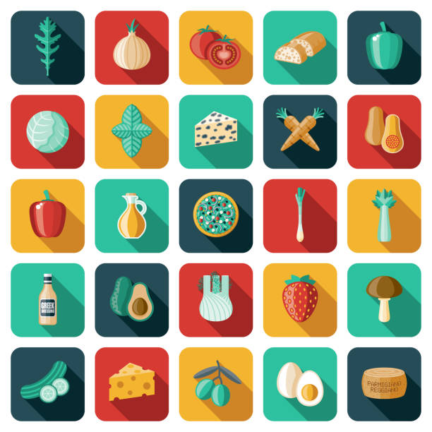 ilustraciones, imágenes clip art, dibujos animados e iconos de stock de conjunto de iconos de ingredientes de ensalada - arugula salad plant leaf